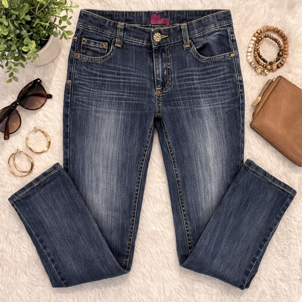 Rock And Roll Cowgirl Low Rise Bootcut Rhinestone Cross Denim Jeans Ladies 28/36